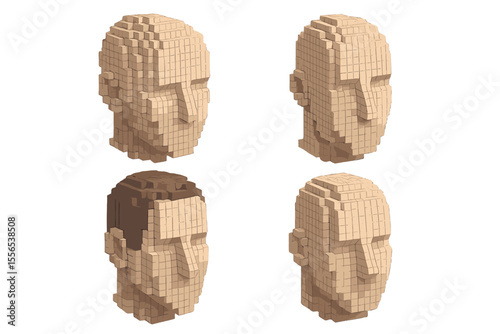 Four human faces are formed from cubes, symbolizing anonymous social masking, representing a concept of technology and robotics, created using voxel art in a 3D vector illustration