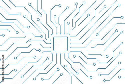 A futuristic technology background featuring abstract digital elements with circuit lines in a blue hue, along with a circuit board vector illustration, is representative of tech networks and AI chip