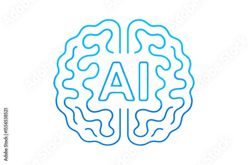 A futuristic digital brain composed of curved lines and AI-inspired letters, representing the concept of , neural networks, and cutting-edge technology, set against a blue background as a vector