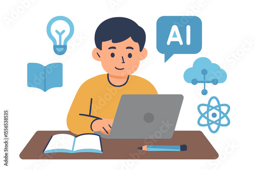 Modern vector illustration of a student utilizing AI technology for educational purposes, incorporating the  concept