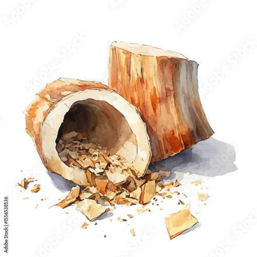Wood Shaving, watercolor illustration vector, isolated on a white background.