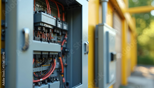 Outdoor electrical panel box with wiring, cables. Power system component enclosure for electricity distribution. Modern tech for renewable energy, solar, wind. Innovation smart grid, sustainable