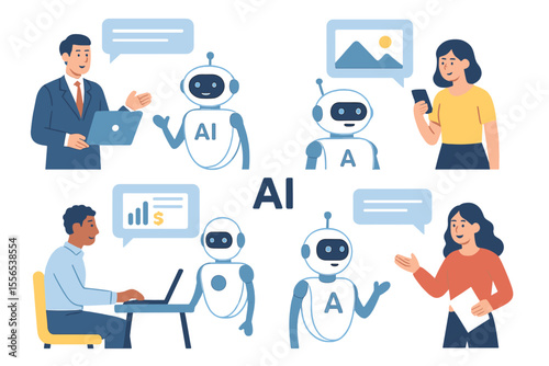 Concept of AI technology, featuring a set of people and  robots interacting, with humans utilizing text and image chatbots for business assistance, presented as a flat graphic vector