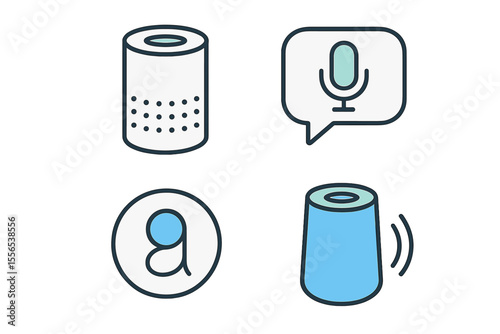 Vector icon set in outline style for smart speaker and virtual assistant