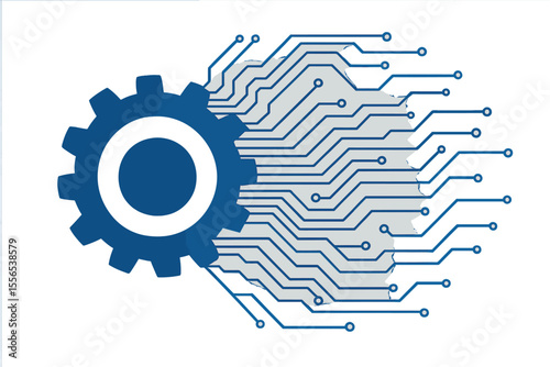 The motherboard features a gear wheel circuit, set against a digital technology abstract background, representing a hi-tech concept of innovation, comprised of vector and illustration elements