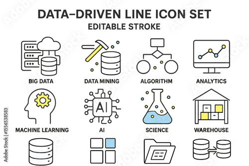 This line icon set is driven by data, featuring editable strokes, and includes a wide range of concepts such as big data, data mining, algorithms, analytics, machine learning, , science