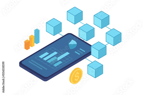 Accounting, big data, and blockchain technology are represented in isometric form, along with mobile phone data visualization, through digital blocks or cubes that construct a database, utilizing