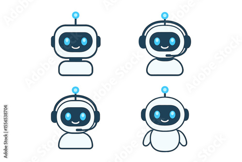A future chat bot set featuring robot icons with blue cute eyes and smiles isolated in a circle