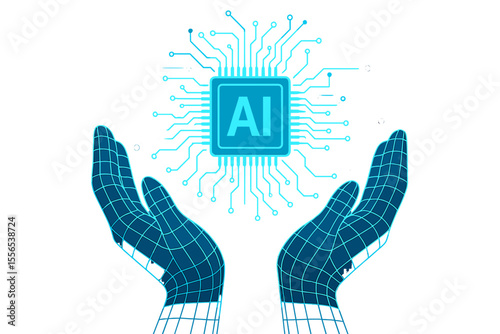 A vector illustration depicts abstract digital hands grasping a holographic 3D semiconductor AI chip against a blue technology background, complete with AI microchip circuit elements and wireframe