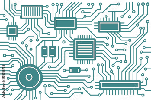 A computer motherboard vector background featuring circuit board electronic elements is presented, along with an electronic texture for computer technology and an engineering concept, all as part of