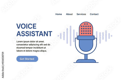 The landing of a voice assistant is depicted, featuring a web page template complete with a vector sound wave and microphone, symbolizing the technology of voice assistants and personal help through