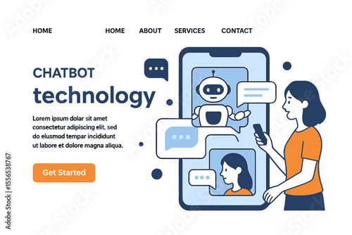 Concept for website template or landing homepage featuring chatbot technology communication with smartphone and robot