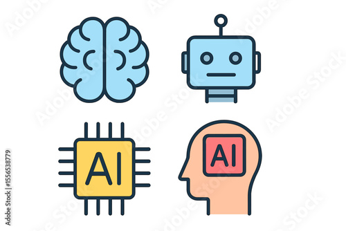 A set of icons including brain, robot, and ai, represented by a head