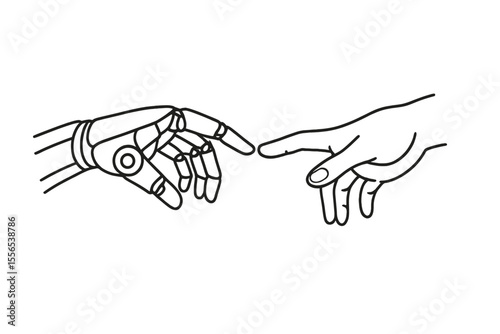 A bionic robotic hand and a human hand are depicted touching fingers in a line art drawing suitable for logos, emblems, prints, posters, and vector illustrations, representing a  concept with a