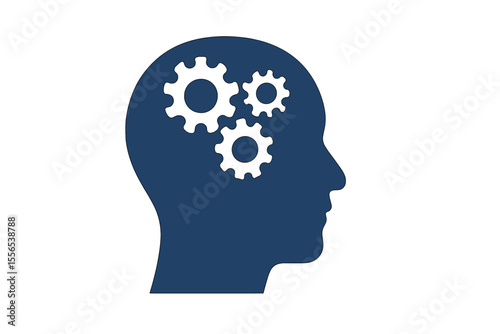 Technological logo of a human head with gears, featuring a cogwheel engineering design inside the brain, isolated on a white background as a vector illustration