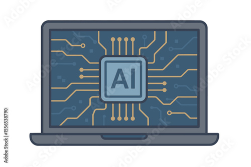 A laptop monitor features a  chip set against an abstract digital technology innovation background