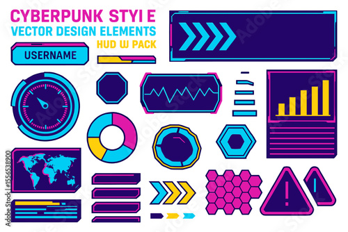A collection of vector design elements in cyberpunk style for HUD UI