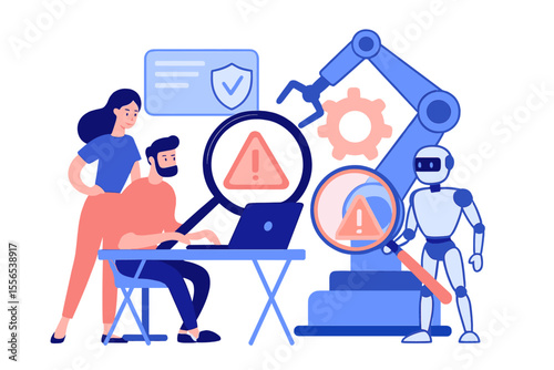 Developers and robots work together at a laptop equipped with a magnifier, representing industrial cybersecurity and the safeguarding of industrial robotics from malware, as depicted in a pinkish
