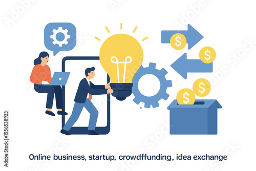 A creative business illustration is presented, featuring a vector concept that encompasses online business, startup, crowdfunding, know-how, and the exchange of ideas, suitable for a web banner
