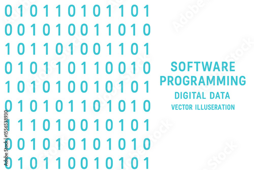 Vector illustration featuring binary code on a dark background represents a software programming concept with glowing numbers and dots symbolizing digital data in a technological style suitable for a