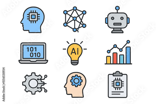 This icon set is comprised of  images, including those related to machine learning and data science, among others, in a flat information technology theme