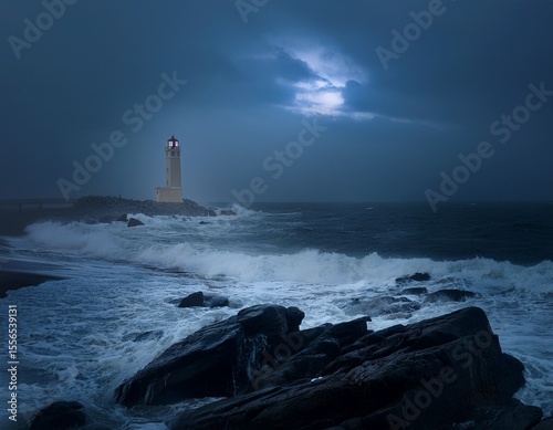 a dark and foggy night a lighthouse is barely visible in the distance the waves are crashing against the rocks