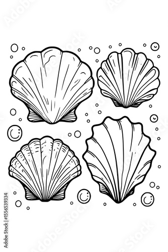 Unterwasserwelt: Ausmalvorlage mit Muscheln und Blasen