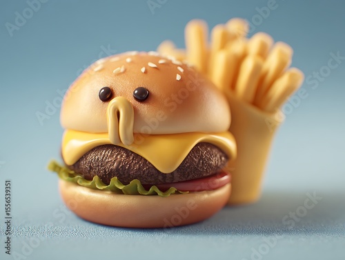 Cute Hamburger Toy with French Fries on Light Blue Background