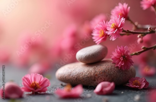 Zen stones flowers arrangement. Pink flower buds petals stones on blurred background. Spa, wellness, nature, relaxation, aromatherapy, meditation concept.