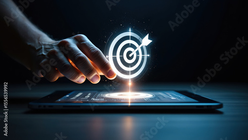 Hand Interacting with Digital Target on Tablet, Representing Precision Targeting, Marketing Strategy, and Achieving Business Goals Through Technology