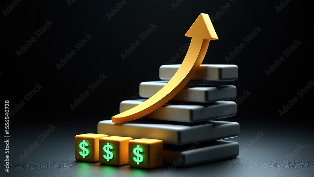 Obraz premium Financial Growth Concept with a Golden Arrow Ascending a Staircase of Blocks, Supported by Cubes with Dollar Signs Against a Dark Background in a Modern Style