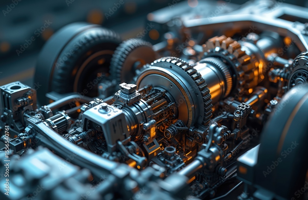 Obraz premium Illustration of advanced automobile engineering tech. Machine-building and automation in car. Ignition system, turbocharger, supercharger, electric motor, gear assembly. Modern auto tech concepts.