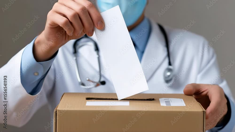 Medical professional casting vote in a cardboard ballot box Medical professional casting vote in a cardboard ballot box