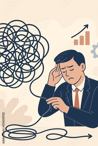 Businessman Solving Complex Problems Abstract Concept. Untangling Thoughts, Stress, Anxiety, Overload at Work. Mental Health, Workplace Burnout, Productivity Challenge, Solution Strategy Illustration