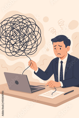 Businessman Stress Tangle Metaphor. Overwhelmed Office Worker Solving Complex Problems. Workplace Anxiety, Mental Overload, Burnout, Confusion, Abstract Concept for Business Challenges and Solutions