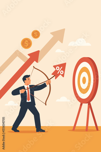 Increase in Interest Rate due to Rising Inflation Percentage, Monetary Policy Impact, Lending Economics Concept, Businessman Shooting Target, Financial Growth Strategy Illustration