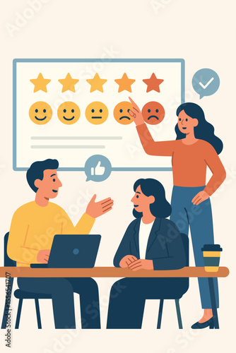 Customer satisfaction rating scale, product or service quality evaluation, business team discussion, feedback review, opinion survey, employee meeting, workplace assessment, performance analysis