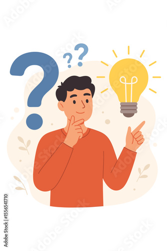 Problem Solving Concept with Person Thinking, Question Mark, Light Bulb Idea, Frequently Asked Questions, Creative Solution, Information Support, Modern Flat Vector Illustration