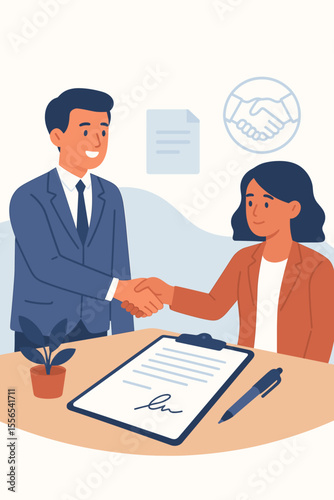 Business partnership agreement handshake, signing contract, successful deal, teamwork collaboration, negotiation, corporate cooperation, office meeting, legal document, modern flat vector illustration