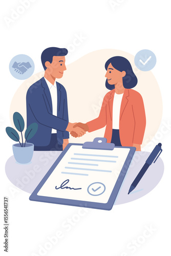 Business partnership agreement handshake, contract signing, deal negotiation, successful collaboration, teamwork, legal document, corporate cooperation, flat vector illustration, office setting