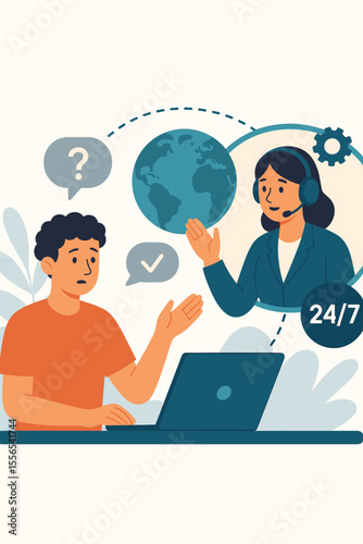 24/7 Global Customer Support Service, Online Help Desk Communication, Remote Assistance, Technical Support Agent with Headset, Client Consulting, Worldwide Business Solutions, Digital Interaction