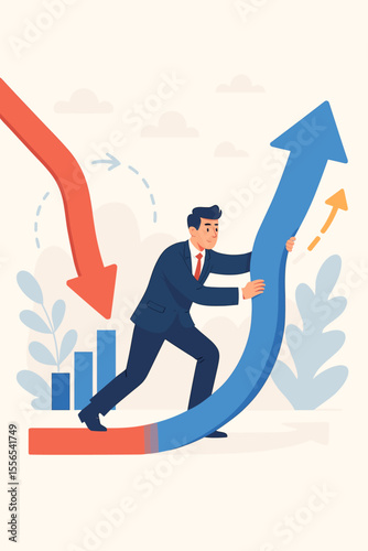Business transformation overcoming resistance to change, businessman redirecting downward trend to upward growth, opportunity, progress, success, leadership, financial recovery, improvement