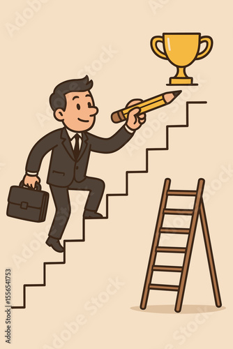 Ambitious businessman drawing staircase with pencil, climbing steps toward golden trophy cup, symbolizing career success, achievement, leadership, personal growth, business goals, motivation concept