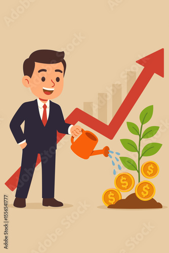 Businessman watering money plant investment, financial growth concept, profit increase, wealth management, upward arrow graph, business success, economic strategy, vector illustration
