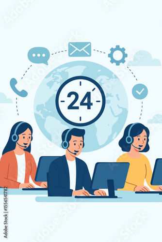 24 Hour Global Customer Service Support Center. Hotline Operators with Headsets at Computers. Online Technical Assistance, Call Processing System, Communication, Help Desk, Consulting, Contact Center