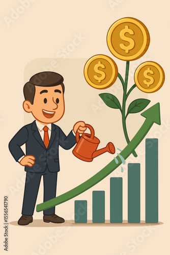 Businessman watering investment growth chart, nurturing money plant with dollar coins, financial success, profit increase, wealth management, business strategy, economic progress, vector illustration