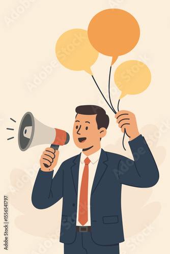 Businessman with Megaphone and Speech Bubble Balloons, Public Relations Manager Communicating Company Information, Announcing Sales Promotion, Corporate Communication, Media Announcement Concept