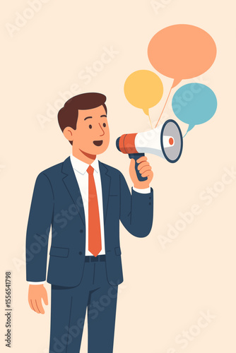 Businessman in Suit Holding Megaphone with Speech Bubbles, Public Relations Manager Announcing Company News, Communication, Media, Marketing, Sales Promotion, Corporate Announcement Concept