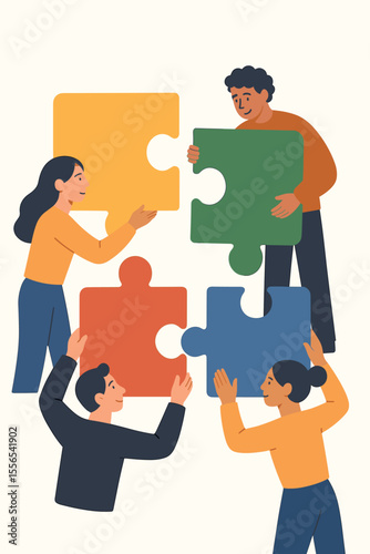 Teamwork collaboration concept. Diverse group of people assembling colorful puzzle pieces. Brainstorming, teamwork, problem solving, partnership, cooperation, business meeting, creative discussion.