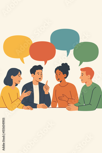 Diverse group discussion illustration. Team meeting, brainstorming ideas, exchanging opinions, collaborative communication, speech bubbles, teamwork, business conversation, office concept art.